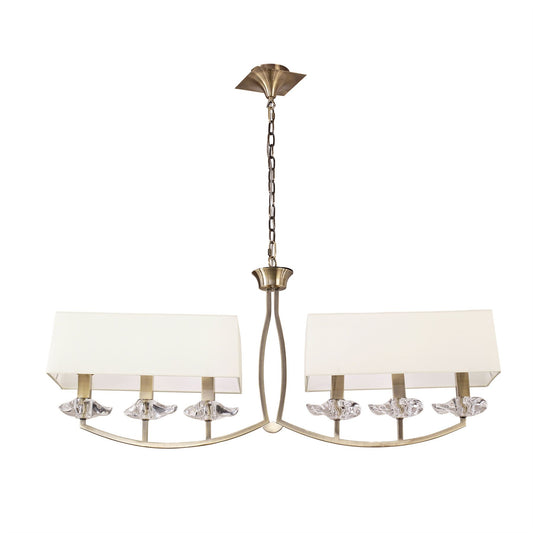 Mantra Akira Linear Pendant 2 Arm 6 Light E14, Antique Brass with Cream Shades