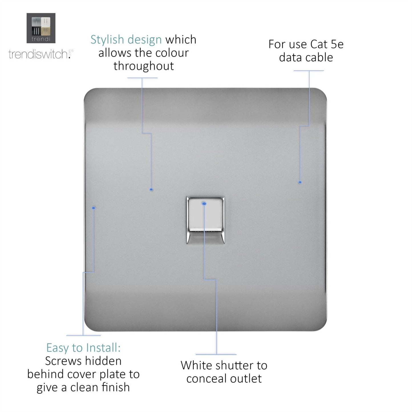 Trendi Artistic Modern Glossy Tactile RJ45 Cat 5e Ethernet Socket Stainless Steel