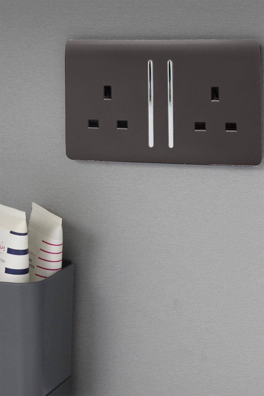 Trendi 2 Gang Raised Artistic Modern Glossy Screwless 13 Amp Single Pole with Chrome Switched UK Standard Electrical Double Wall Plug Socket in Dark Mocha Brown - ART-SKT213LDB