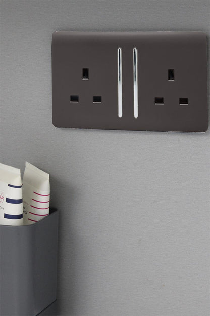 Trendi 2 Gang Raised Artistic Modern Glossy Screwless 13 Amp Single Pole with Chrome Switched UK Standard Electrical Double Wall Plug Socket in Dark Mocha Brown - ART-SKT213LDB