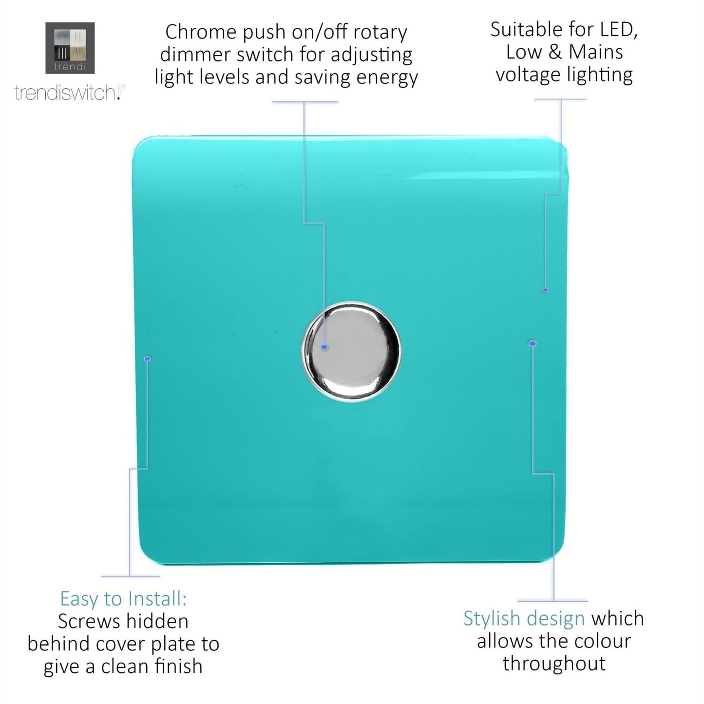 Trendi 1 Gang 2 Way 240V 100w LED Dimmer Screwless Raised Front Plate Plastic Artistic Modern Glossy 10 Amp Chrome Single Electrical Wall Light Switch in Bright Teal - ART-LDMBT