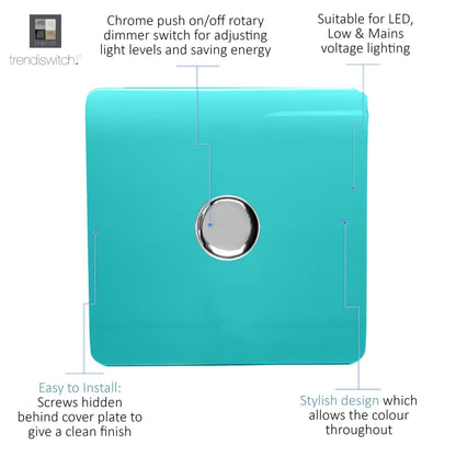 Trendi 1 Gang 2 Way 240V 100w LED Dimmer Screwless Raised Front Plate Plastic Artistic Modern Glossy 10 Amp Chrome Single Electrical Wall Light Switch in Bright Teal - ART-LDMBT
