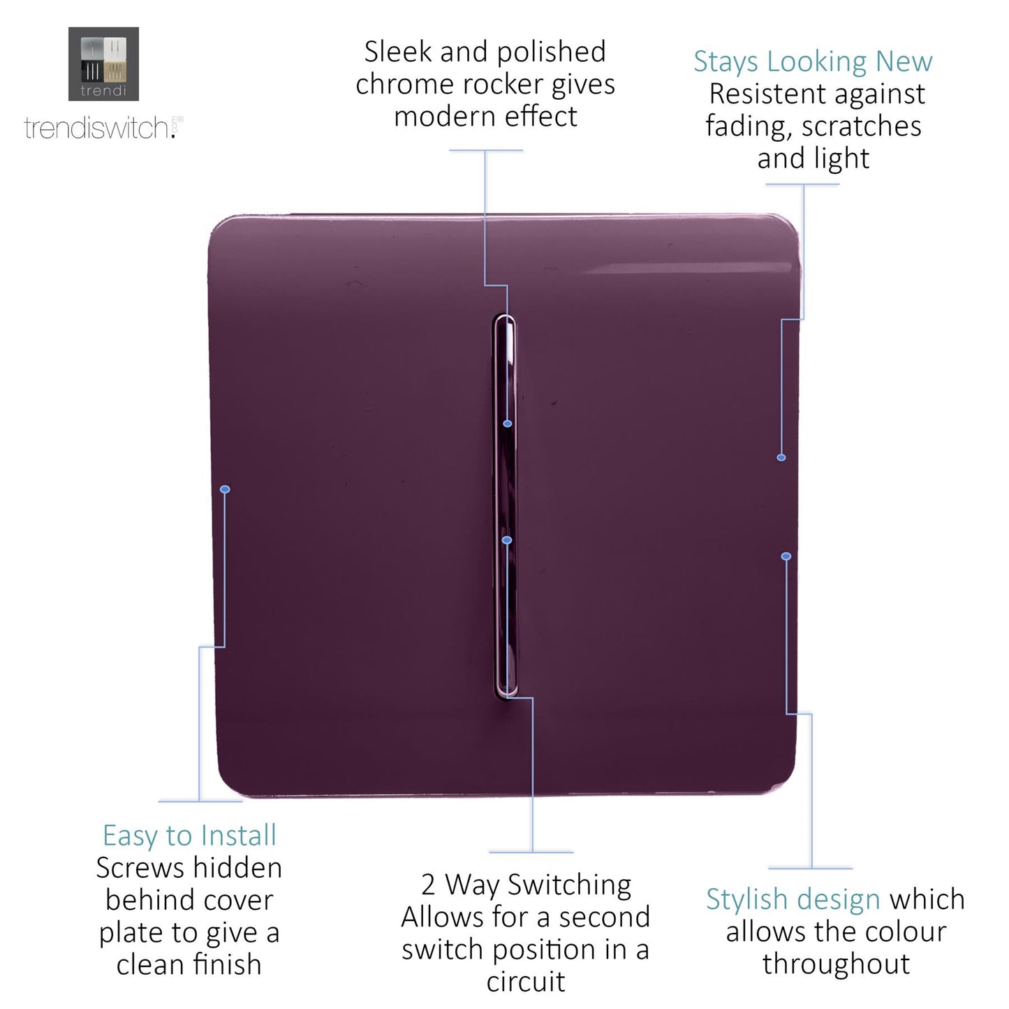 Trendi 1 Gang 2 Way 240V Screwless Artistic Modern Glossy 10 Amp Chrome Rocker Electrical Wall Light Switch in Plum Purple (5 pack)