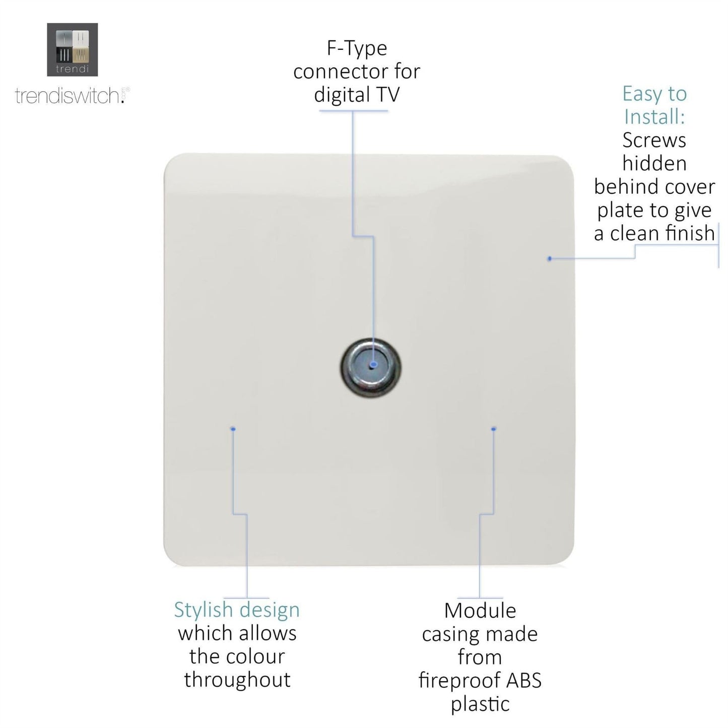 Trendi 1 Gang Modern Screwless Television Satellite Socket in White - ART-SATWH