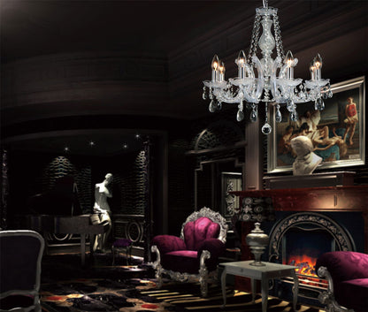 Deco Gabrielle Chandelier with Acrylic Sconce & Glass Crystal Droplets 8 Light E14 Polished Chrome Finish