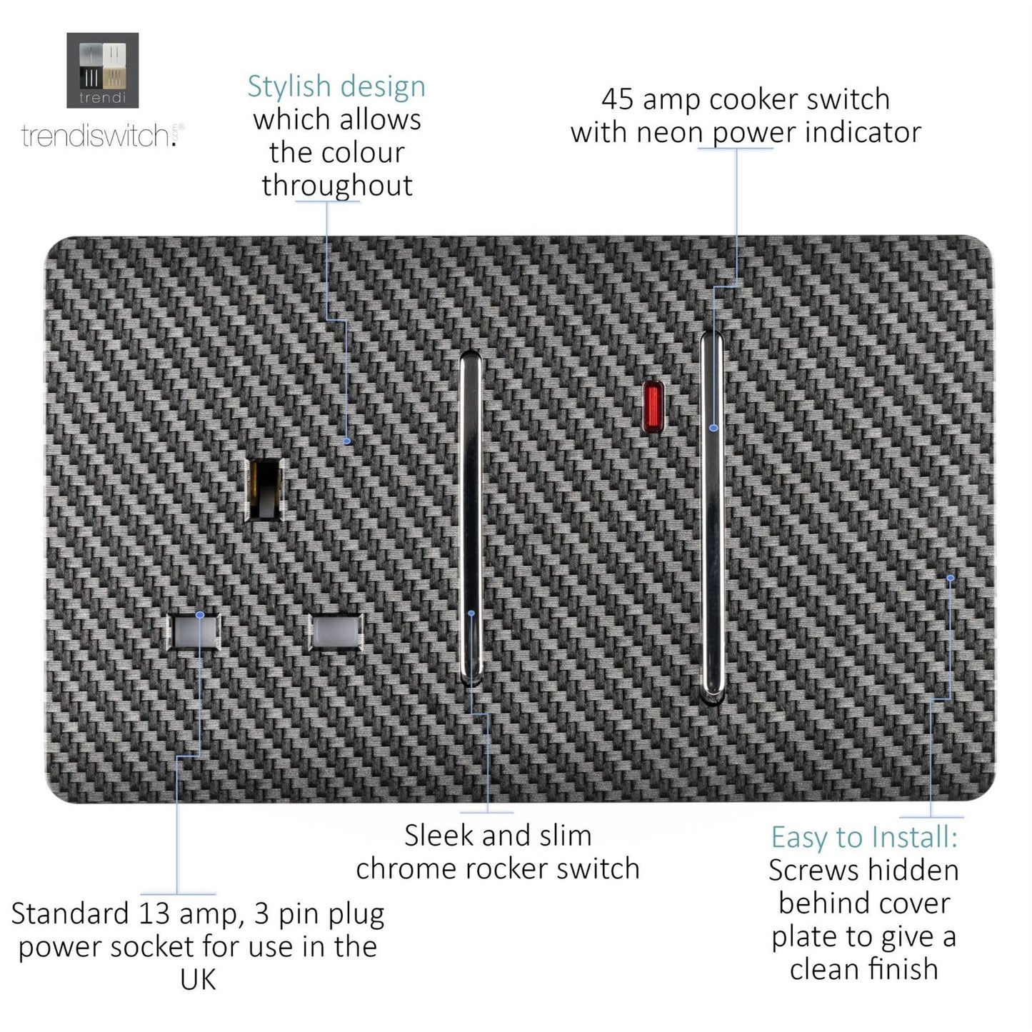 Trendi Switch 45 Amp Modern Designer Cooker Switch & 13 Amp Plug Socket with Neon in Carbon Fibre