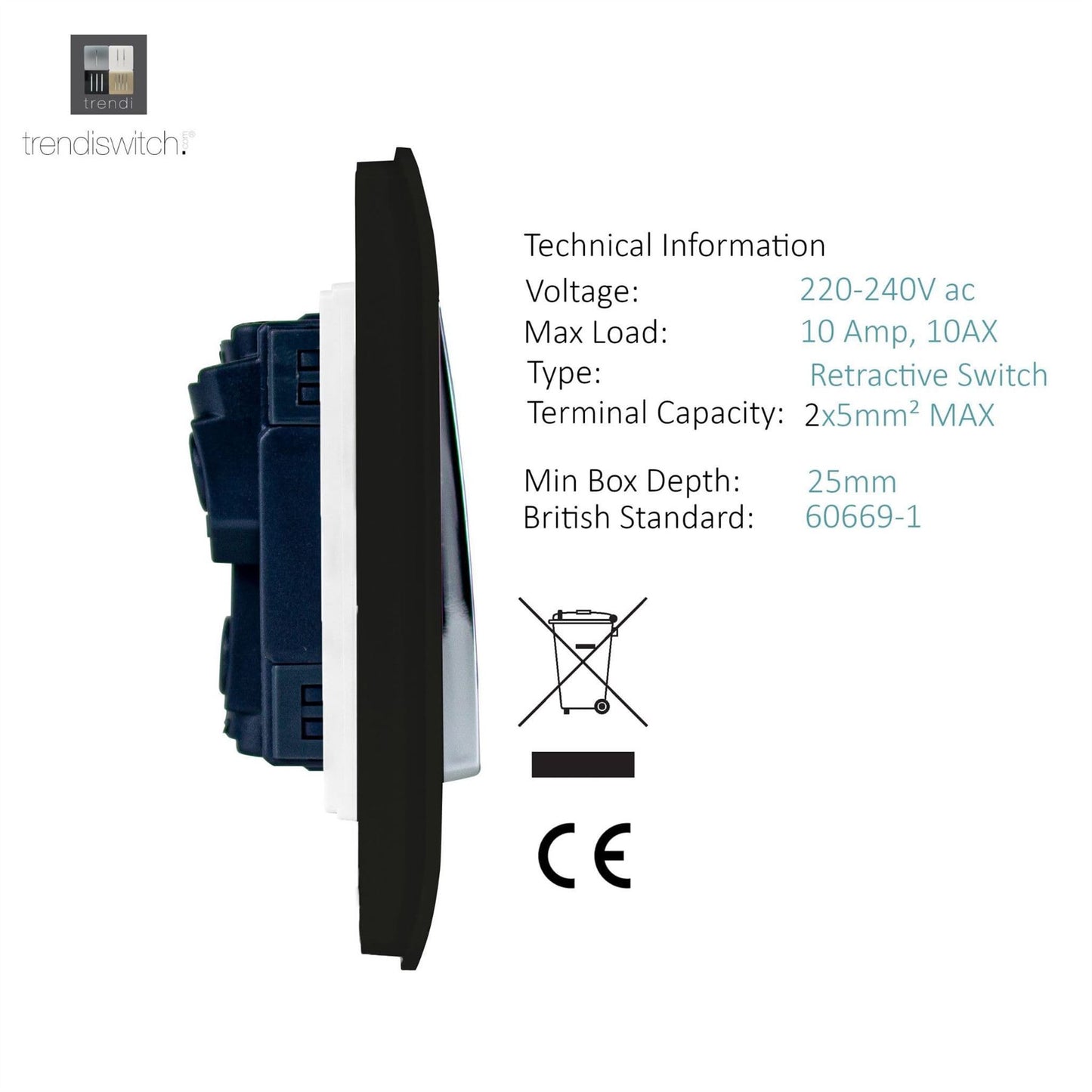 Trendi  Auto Retractive 2 Door Bell Switch Matt Black Soft Touch - ART-2DBSTB