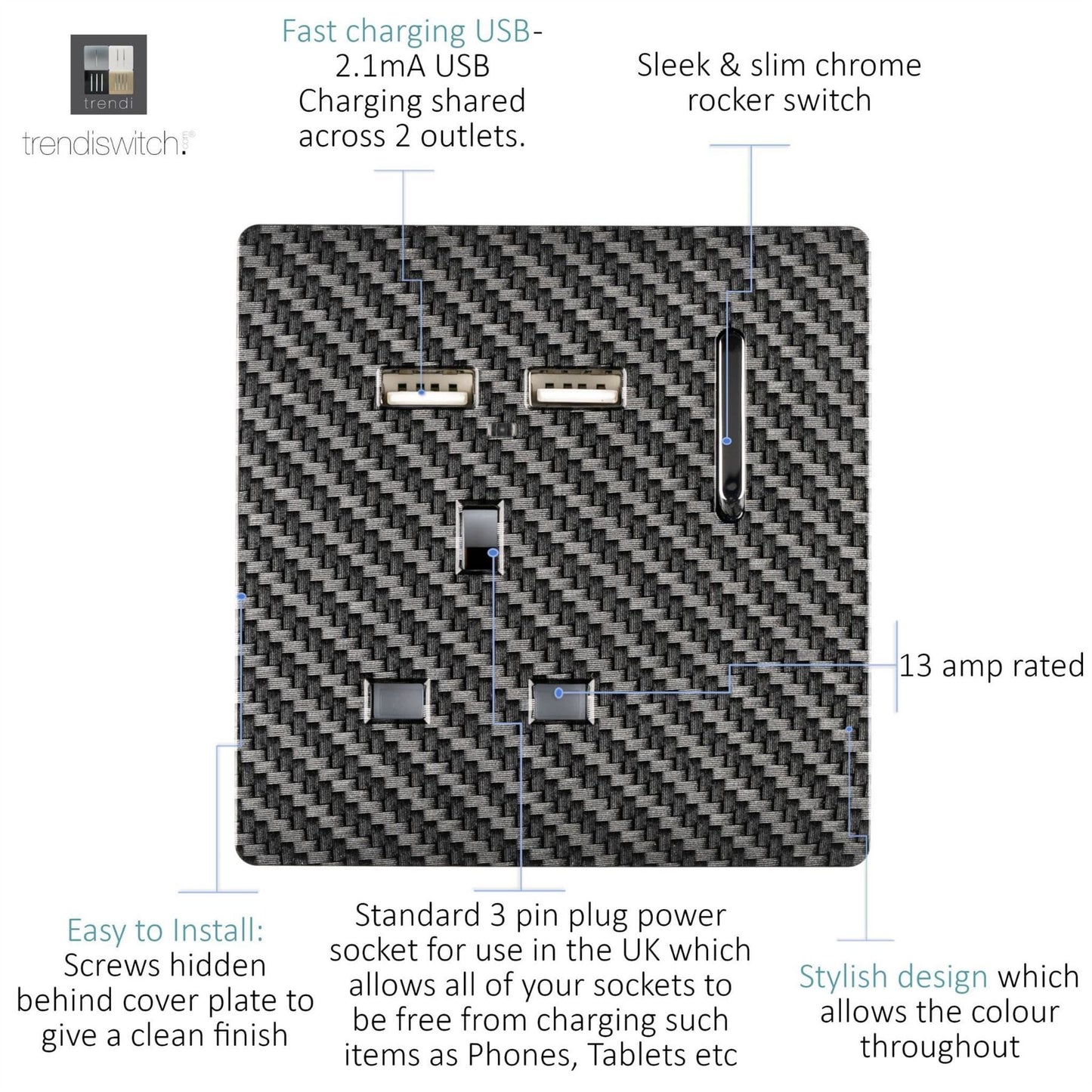Trendi Switch 1 Gang USB 2100mA Modern Designer Plug Socket in Carbon Fibre