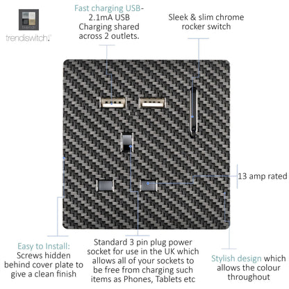 Trendi Switch 1 Gang USB 2100mA Modern Designer Plug Socket in Carbon Fibre