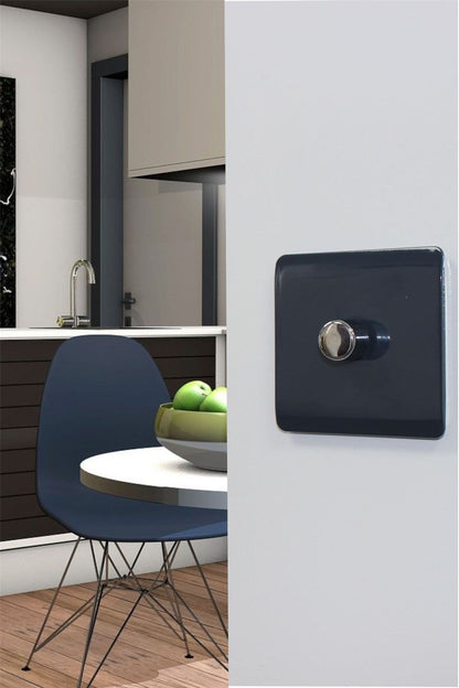 Trendi 1 Gang 2 Way 240V 100w LED Dimmer Screwless Raised Front Plate Plastic Artistic Modern Glossy 10 Amp Chrome Single Electrical Wall Light Switch in Navy - ART-LDMNV