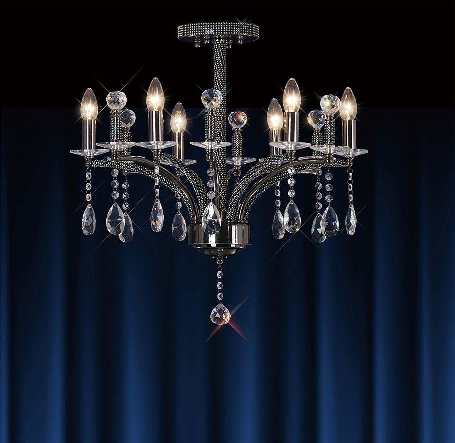 Diyas Fiore 62cm  6 Light E14 Black Chrome/Crystal Ceiling Pendant Light Fitting