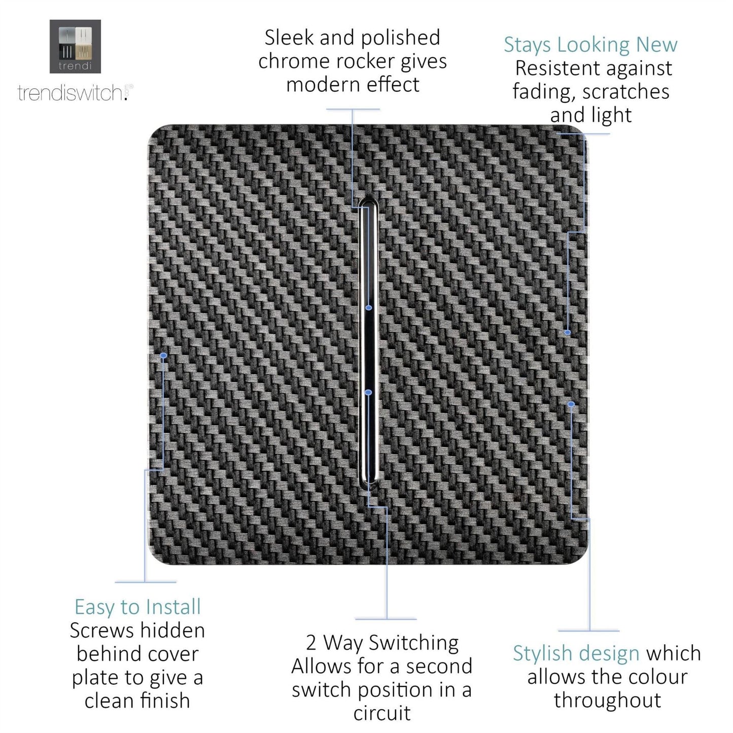 Trendi Switch 1 Gang 1 or 2 way Rocker Modern Designer Light Switch in Carbon Fibre