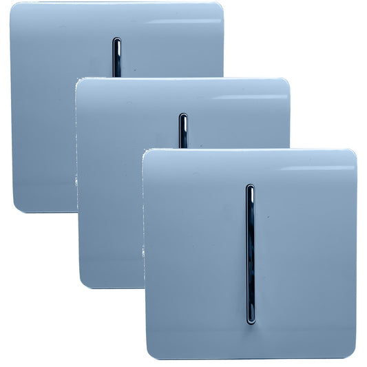 Trendi 1 Gang 2 Way 240V Screwless Artistic Modern Glossy 10 Amp Chrome Rocker Electrical Wall Light Switch in Sky Blue (3 pack)