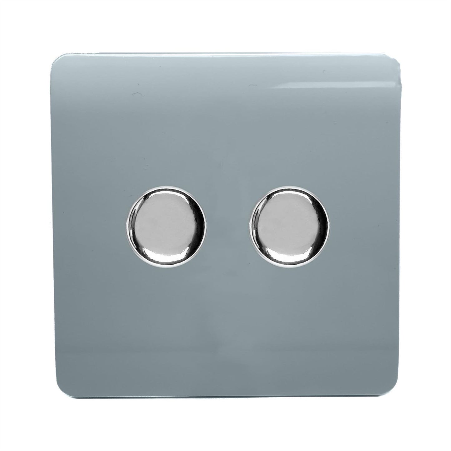 Trendi 2 Gang 2 Way 240V 100w LED Dimmer Screwless Raised Front Plate Plastic Artistic Modern Glossy 10 Amp Chrome Single Electrical Wall Light Switch in Cool Grey - ART-2LDMCG