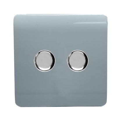 Trendi 2 Gang 2 Way 240V 100w LED Dimmer Screwless Raised Front Plate Plastic Artistic Modern Glossy 10 Amp Chrome Single Electrical Wall Light Switch in Cool Grey - ART-2LDMCG