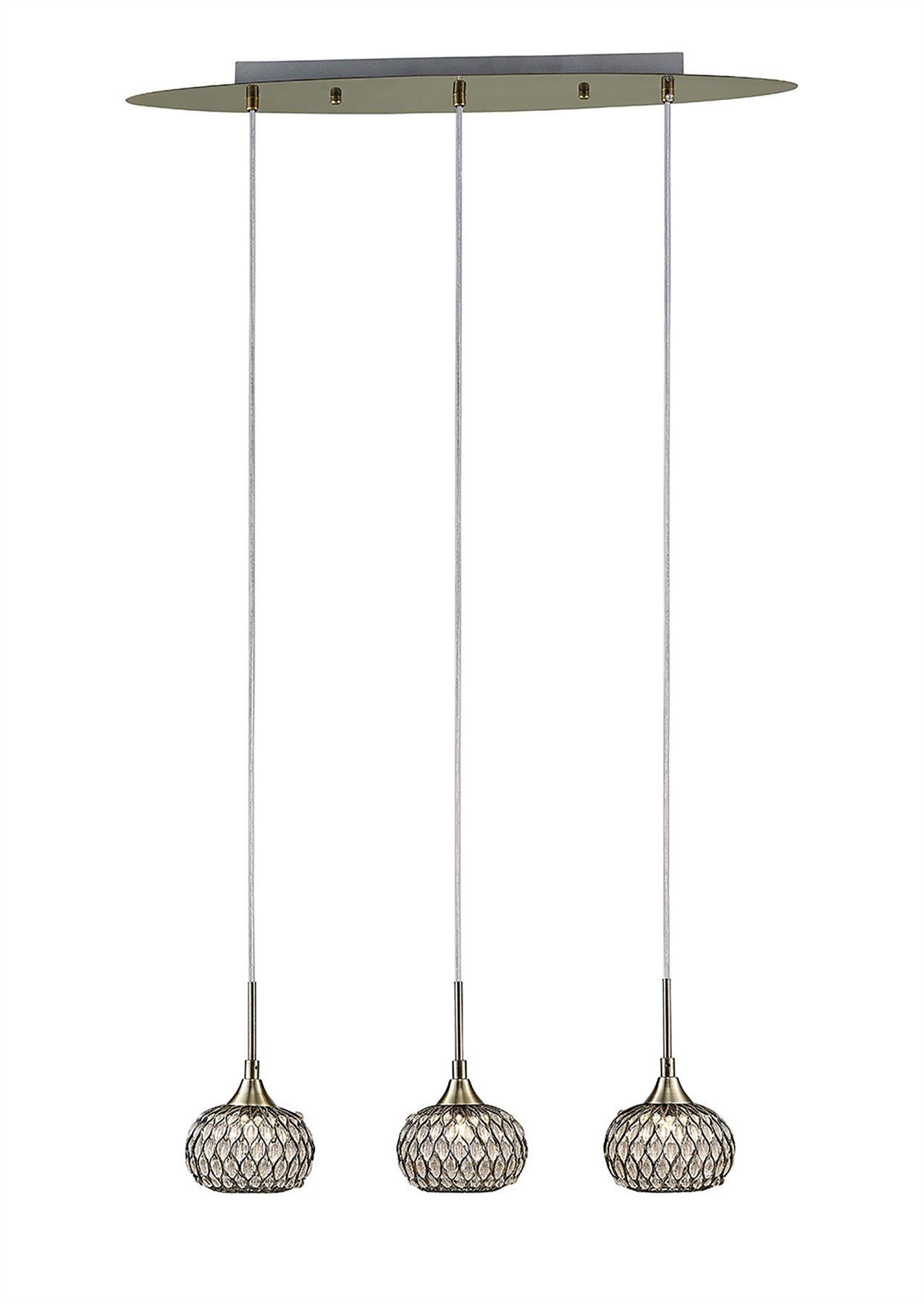 Diyas Chelsie Linear  3 Light G9 Line Antique Brass/Clear Beaded Glass Ceiling Pendant Light Fitting
