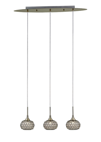 Diyas Chelsie Linear  3 Light G9 Line Antique Brass/Clear Beaded Glass Ceiling Pendant Light Fitting