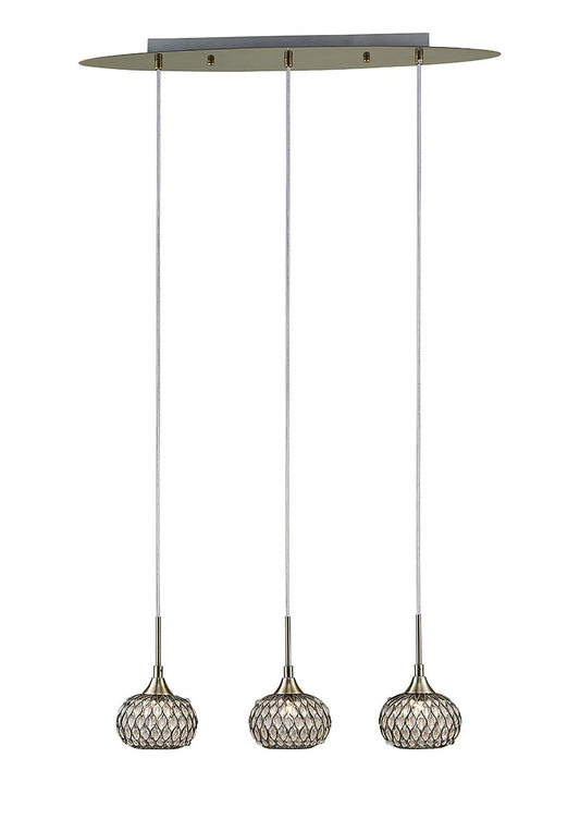 Diyas Chelsie Linear  3 Light G9 Line Antique Brass/Clear Beaded Glass Ceiling Pendant Light Fitting