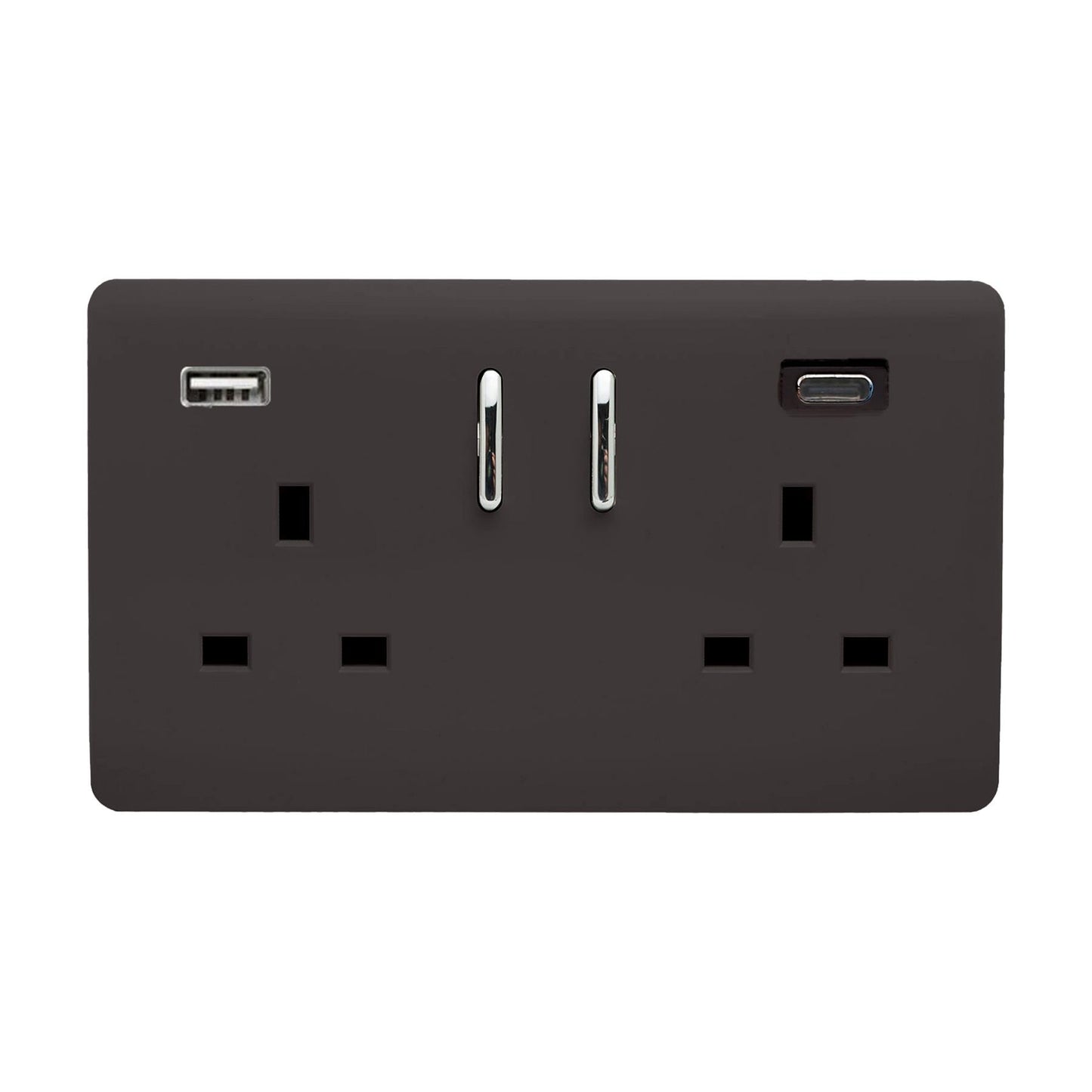 Dark Brown Screwless 2 Gang Switched Double Socket 13A With 1 x USB-A & 1 x USB-C 45W (Shared), (35mm Back Box Req.), 10yrs Warranty