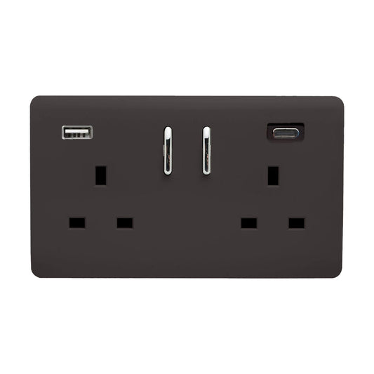 Dark Brown Screwless 2 Gang Switched Double Socket 13A With 1 x USB-A & 1 x USB-C 45W (Shared), (35mm Back Box Req.), 10yrs Warranty