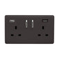 Dark Brown Screwless 2 Gang Switched Double Socket 13A With 1 x USB-A & 1 x USB-C 45W (Shared), (35mm Back Box Req.), 10yrs Warranty