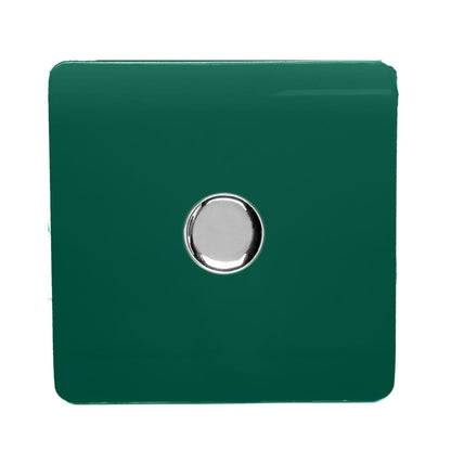 Trendi 1 Gang 2 Way 240V 100w LED Dimmer Screwless Raised Front Plate Plastic Artistic Modern Glossy 10 Amp Chrome Single Electrical Wall Light Switch in Dark Forest Green - ART-LDMDG