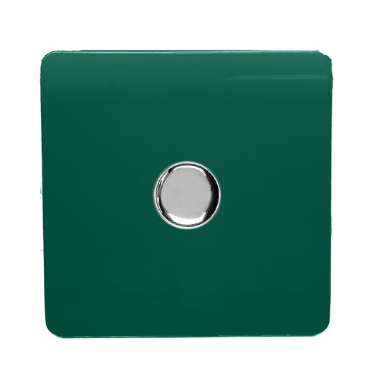 Trendi 1 Gang 2 Way 240V 100w LED Dimmer Screwless Raised Front Plate Plastic Artistic Modern Glossy 10 Amp Chrome Single Electrical Wall Light Switch in Dark Forest Green - ART-LDMDG