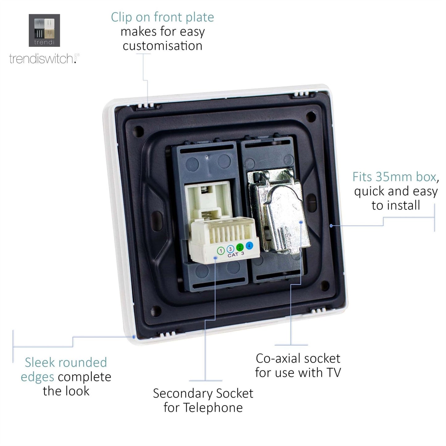 Trendi Artistic Modern Glossy Tactile TV Co-axial Socket + Telephone Socket Warm Grey