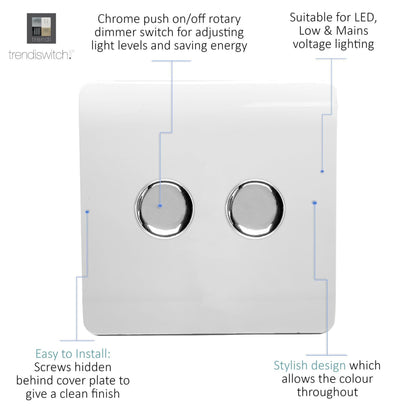 Trendi 2 Gang 2 Way 240V 100w LED Dimmer Screwless Raised Front Plate Plastic Artistic Modern Glossy 10 Amp Chrome Single Electrical Wall Light Switch in Ice White - ART-2LDMWH