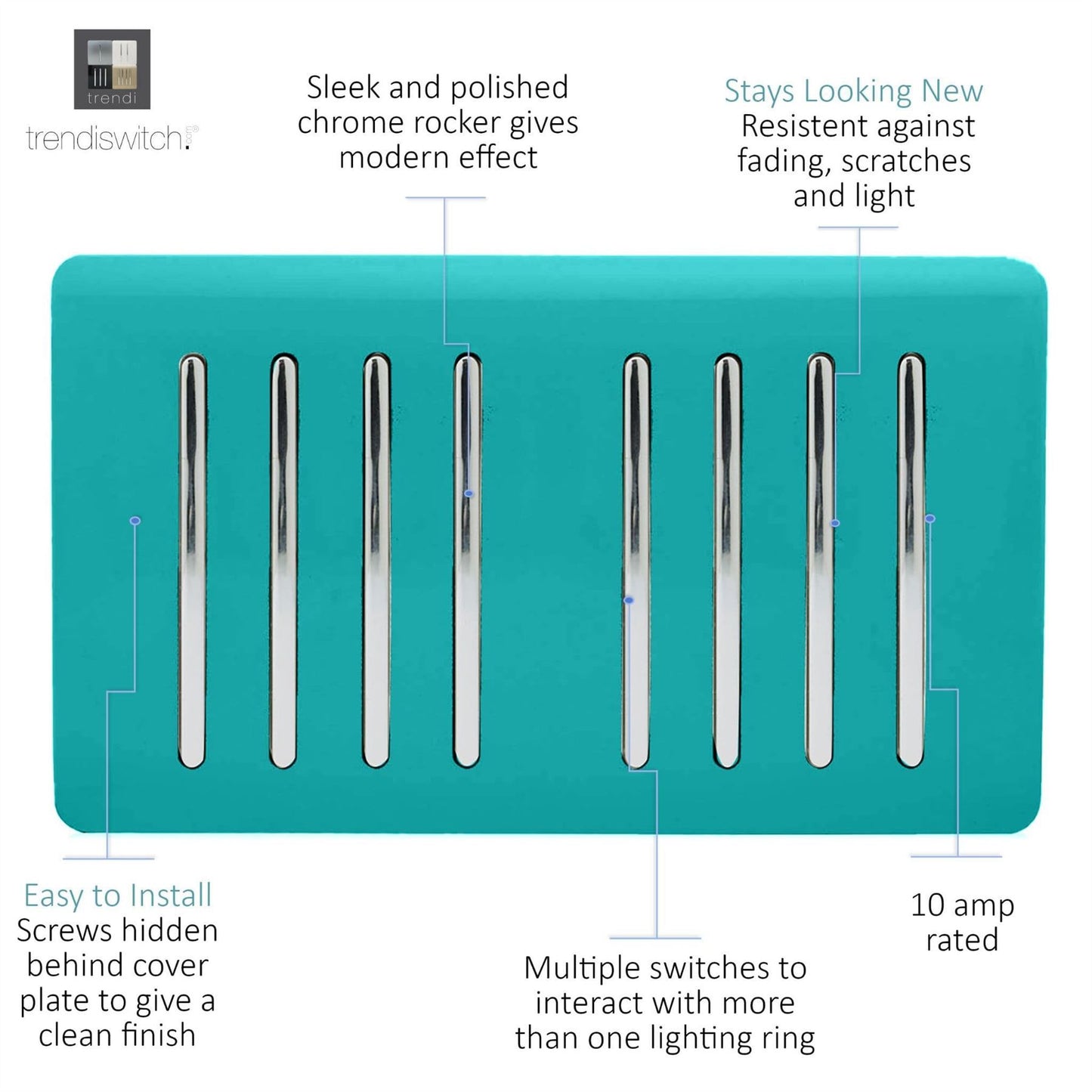 Trendi Artistic Modern Glossy 8 Gang 2 Way Rocker  Double Plate Tactile Light Switch Bright Teal