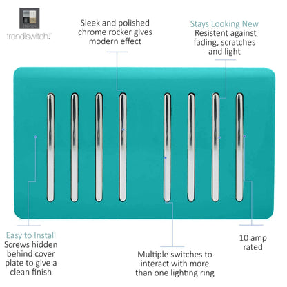 Trendi Artistic Modern Glossy 8 Gang 2 Way Rocker  Double Plate Tactile Light Switch Bright Teal