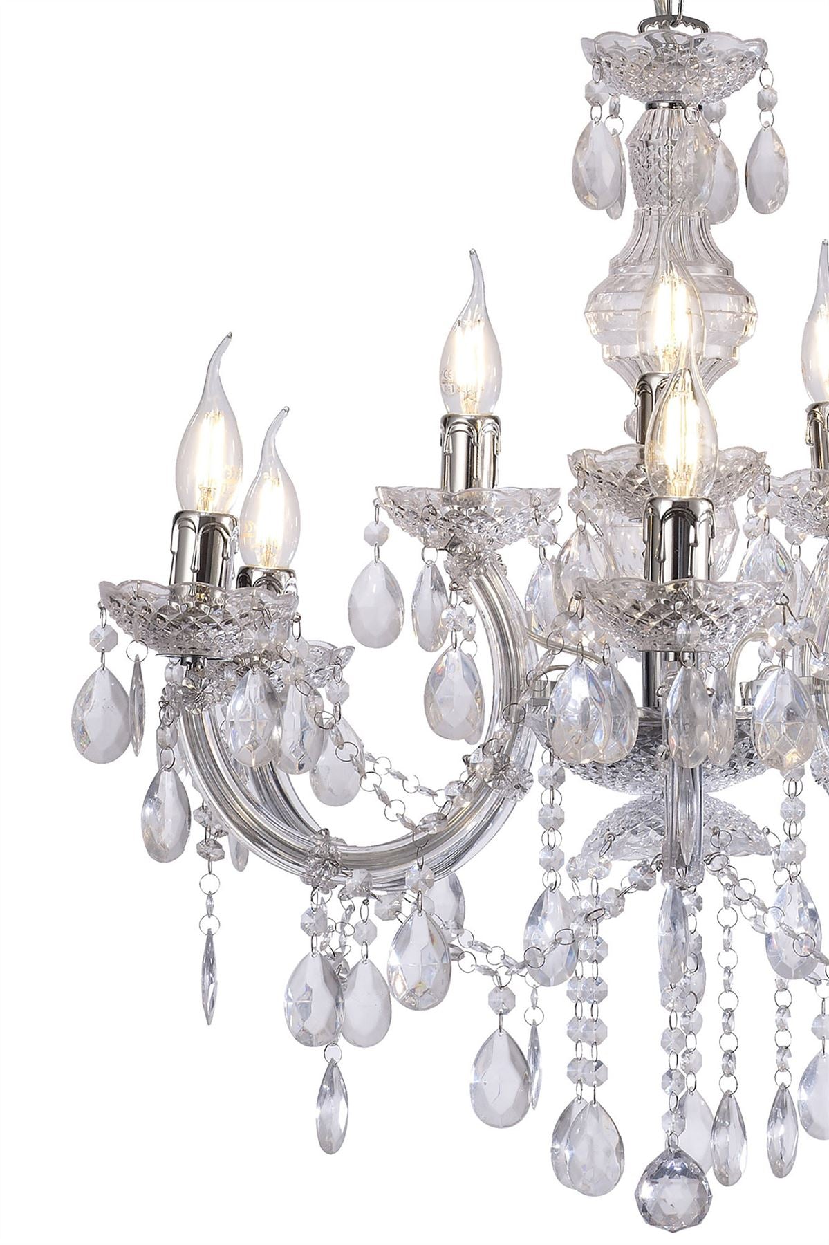 Deco Floria Chandelier with Acrylic Sconce & Acrylic Droplets 6+3 Light E14 Polished Chrome Finish