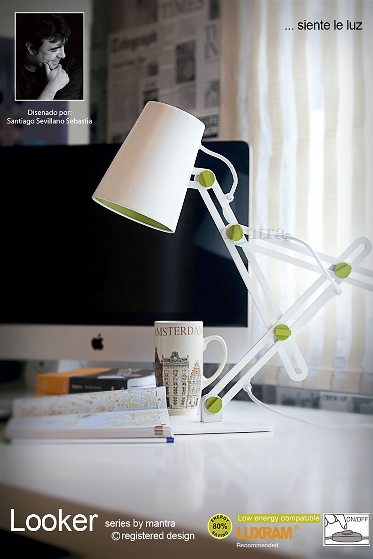 Mantra M3614 Looker Table Lamp 1 Light E27, Matt White/Green