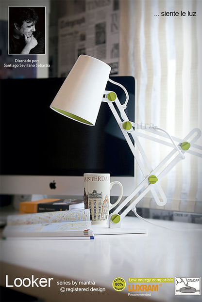 Mantra M3614 Looker Table Lamp 1 Light E27, Matt White/Green