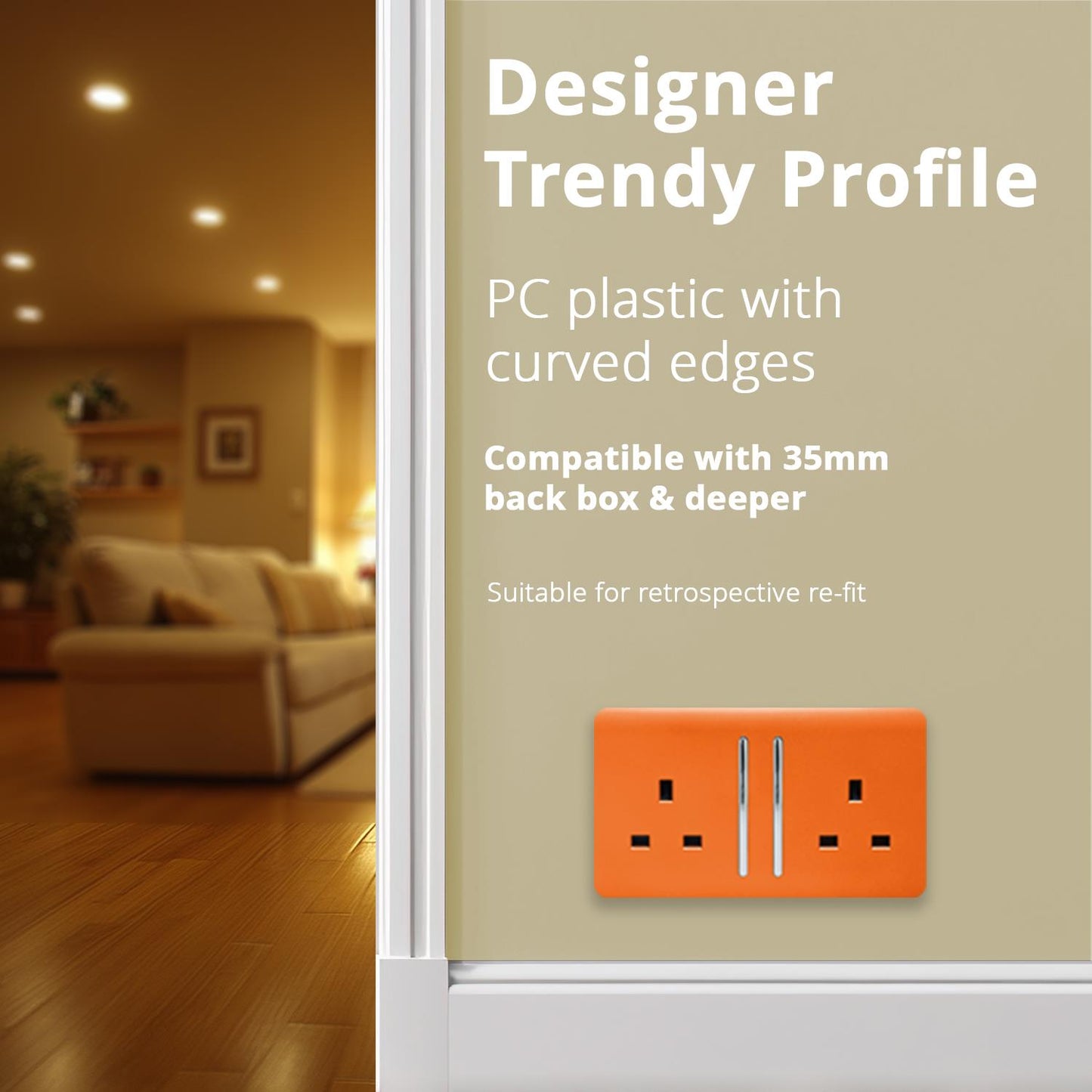 Trendi 2 Gang Artistic Modern Glossy 13 Amp Switched Plug Socket Orange (7 Pack)