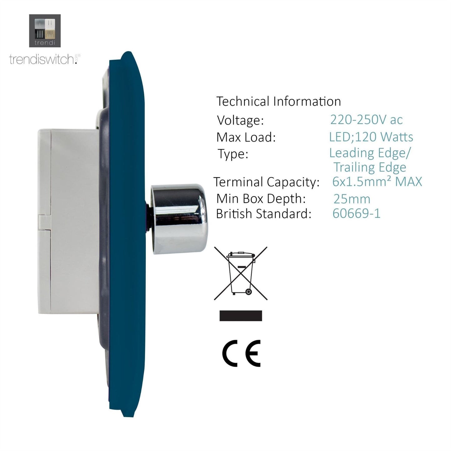 Trendi 1 Gang 2 Way 240V 100w LED Dimmer Screwless Raised Front Plate Plastic Artistic Modern Glossy 10 Amp Chrome Single Electrical Wall Light Switch in Midnight Blue - ART-LDMMD