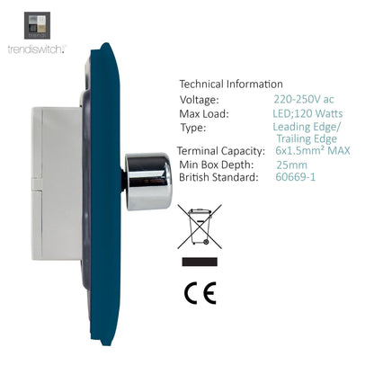 Trendi 1 Gang 2 Way 240V 100w LED Dimmer Screwless Raised Front Plate Plastic Artistic Modern Glossy 10 Amp Chrome Single Electrical Wall Light Switch in Midnight Blue - ART-LDMMD