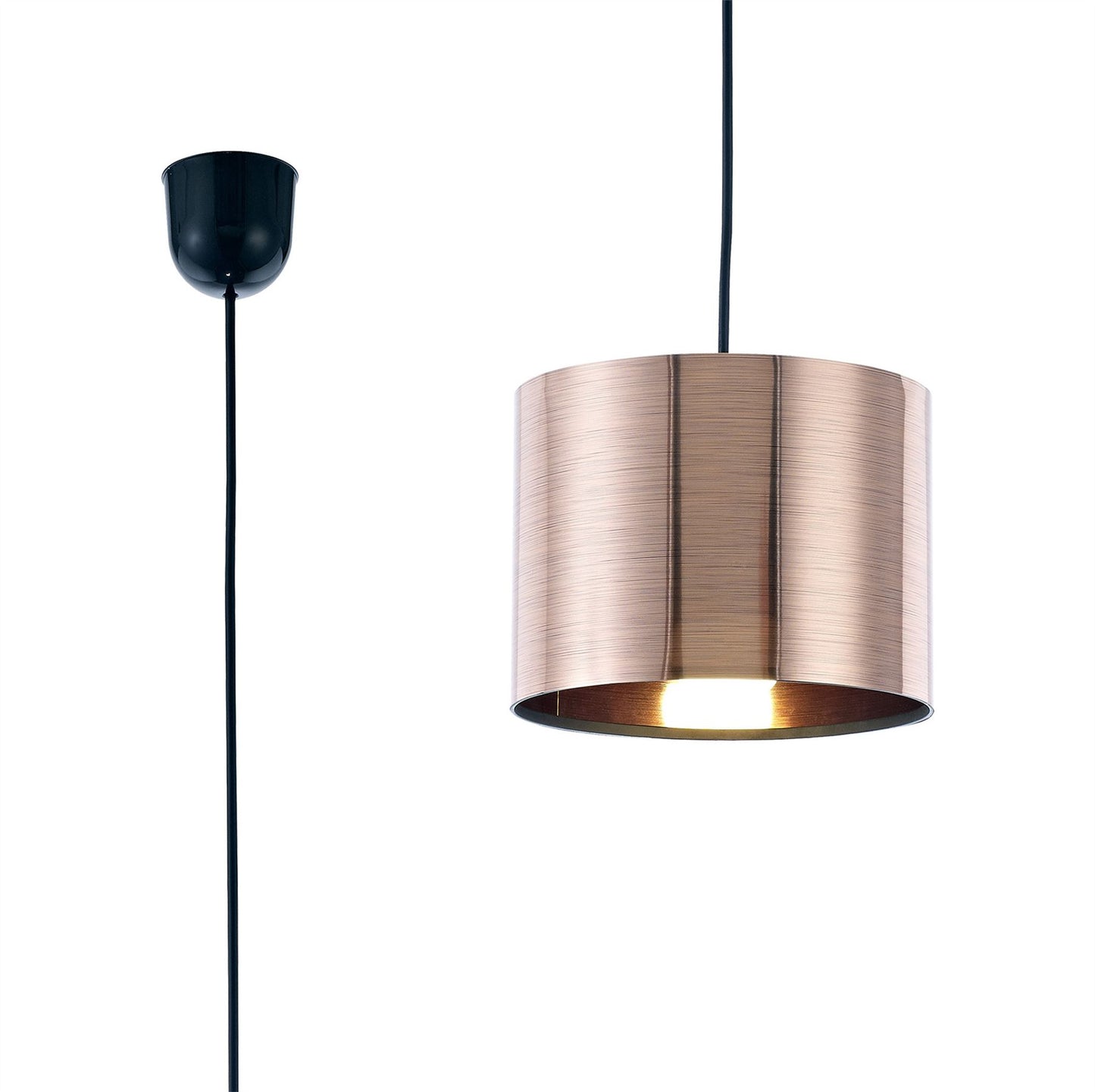 Deco Dako Black Pendant 1 Light E27 with 200 x 150mm Metallic Copper Finish Cylinder Shade, c/w Ceiling Bracket