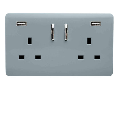 Trendi 2 Gang Artistic Modern Glossy 13 Amp 2 x 3.1mA USB Switched Plug Socket Cool Grey