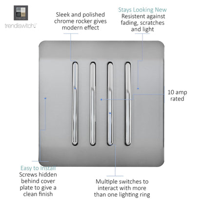 Trendi 4 Gang 2 Way Artistic Modern Glossy 10 Amp Rocker Tactile Light Switch Stainless Steel