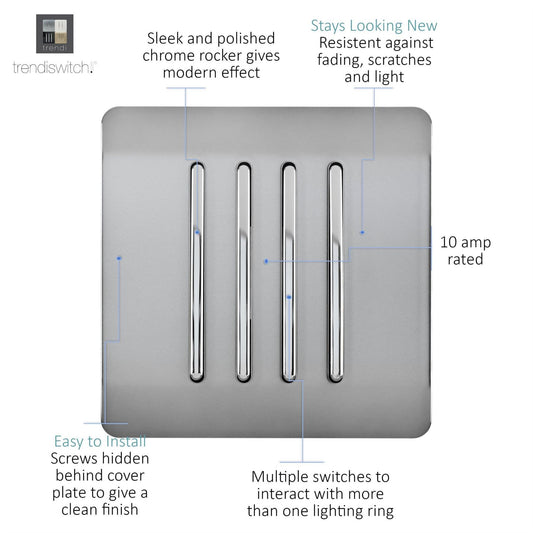 Trendi 4 Gang 2 Way Artistic Modern Glossy 10 Amp Rocker Tactile Light Switch Stainless Steel