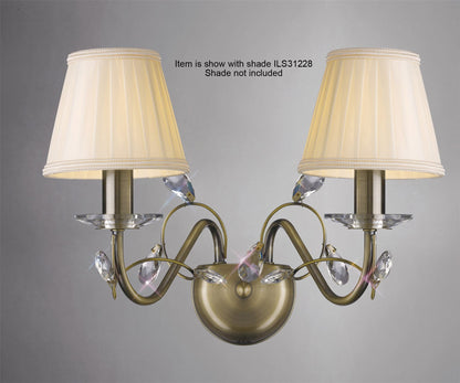 Diyas Willow Wall Light WITHOUT SHADE 2 Light E14 Antique Brass/Crystal
