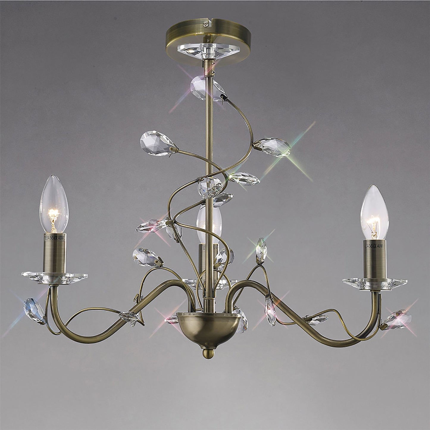 Diyas Willow 50cm  WITHOUT SHADE 3 Light E14 Antique Brass/Crystal Ceiling Pendant Light Fitting