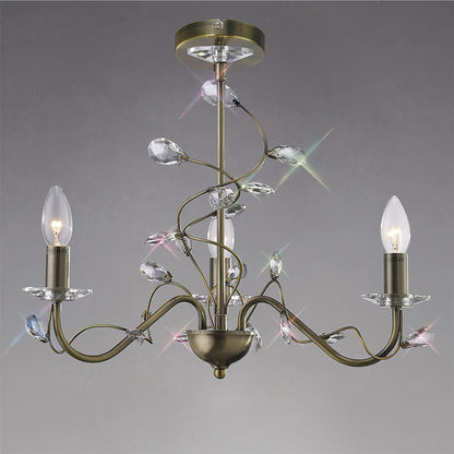 Diyas Willow 50cm  WITHOUT SHADE 3 Light E14 Antique Brass/Crystal Ceiling Pendant Light Fitting