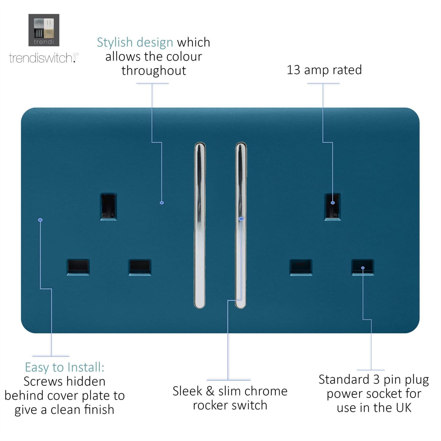 Trendi 2 Gang Raised Artistic Modern Glossy Screwless 13 Amp Single Pole with Chrome Switched UK Standard Electrical Double Wall Plug Socket in Midnight Blue - ART-SKT213LMD