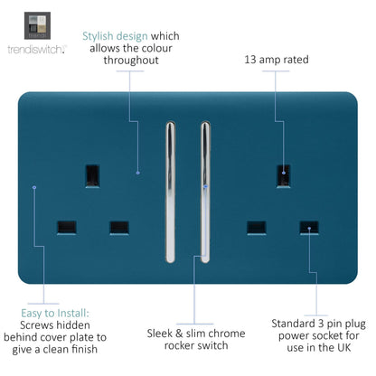 Trendi 2 Gang Raised Artistic Modern Glossy Screwless 13 Amp Single Pole with Chrome Switched UK Standard Electrical Double Wall Plug Socket in Midnight Blue - ART-SKT213LMD