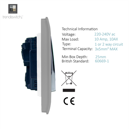 Trendi 1 Gang 2 Way 240V Screwless Artistic Modern Glossy 10 Amp Chrome Rocker Electrical Wall Light Switch in Light Grey (3 pack)
