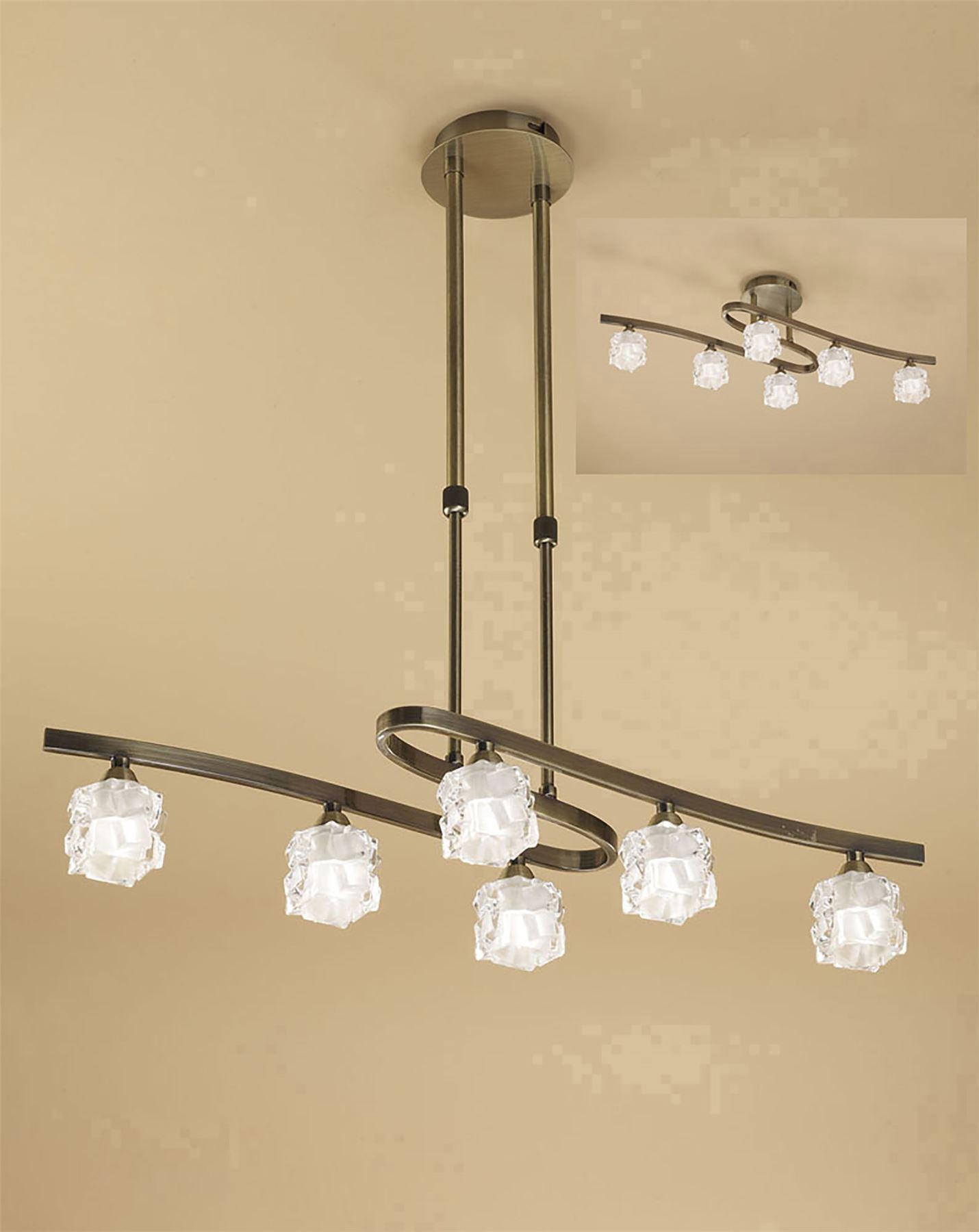 Mantra M1861 Ice Rectangular Telescopic Semi Flush Convertible 6 Light G9 ECO, Antique Brass