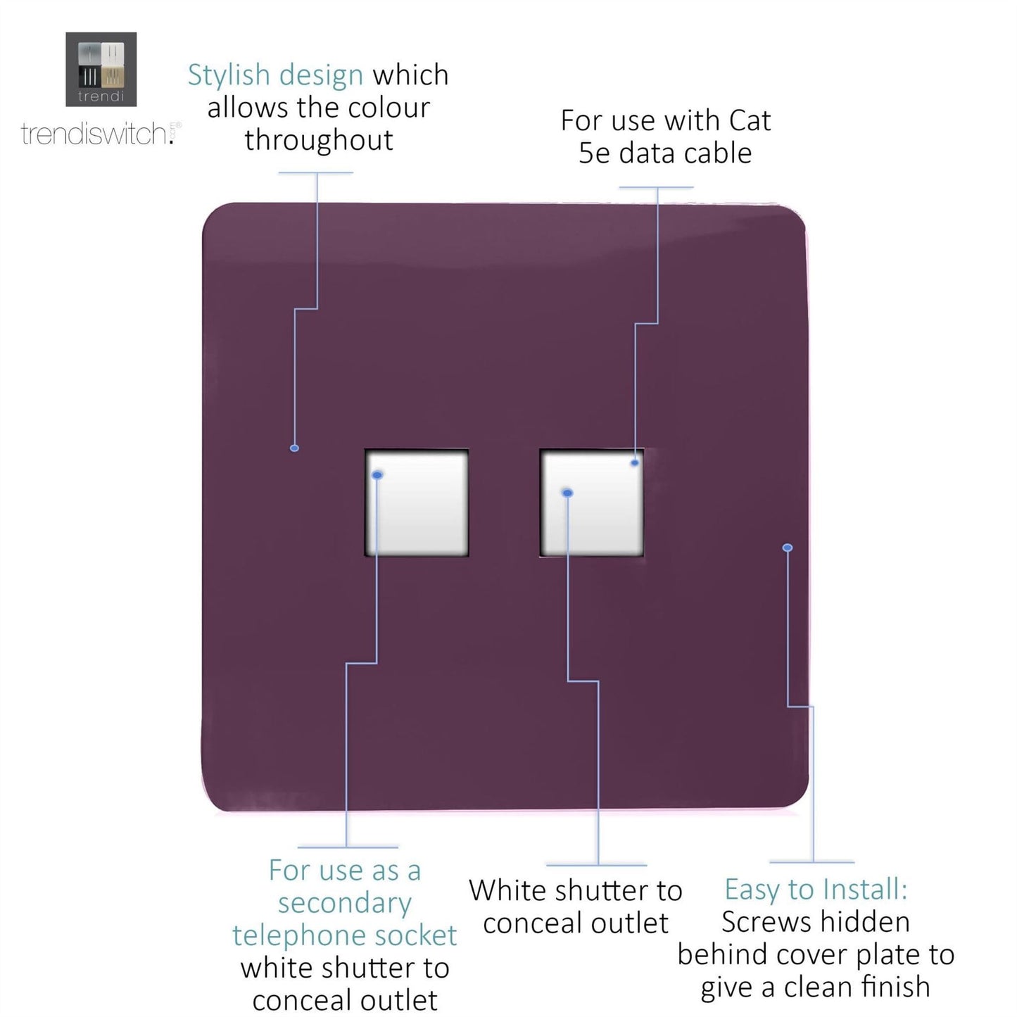 Trendi Artistic Modern Glossy Tactile Telephone Socket + Cat 5e&Cat 6 RJ45 PC Socket Plum