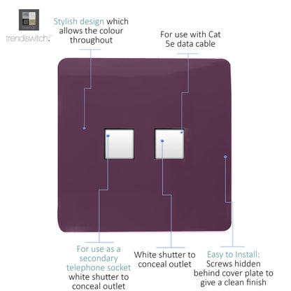 Trendi Artistic Modern Glossy Tactile Telephone Socket + Cat 5e&Cat 6 RJ45 PC Socket Plum